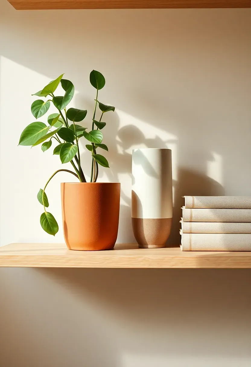 Shelf with one plant, two ceramics, and a book stack styled with clear negative space in a finished budget room