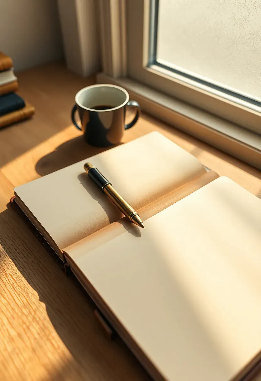 Open leather-bound daily planner on a clean desk with a brass pen resting in the spine and morning light across the pages