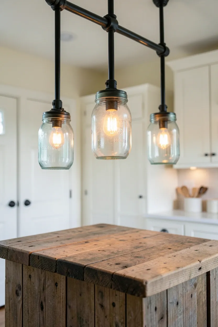 Hyper-realistic slightly elevated perspective of three mason jar pendant lights hanging over reclaimed wood island. Clear glass mason jars with slight blue tint holding Edison filament bulbs, suspended from black iron pipe fixtures at varying heights. Warm amber glow from bulbs casting soft light on island below. Island in weathered wood with butcher block top holding small prep area. Creamy white walls, white shaker cabinets in background. Natural daylight mixing with warm artificial light. Materials: clear glass mason jars, Edison bulbs, black iron pipe, reclaimed wood. Rustic charming cottage mood. Visible kitchen context - all island surface visible, cabinets in background. Slight dust accumulation on jar interiors, natural wear on pipe fixtures. No text, no logos, no watermarks.</p>