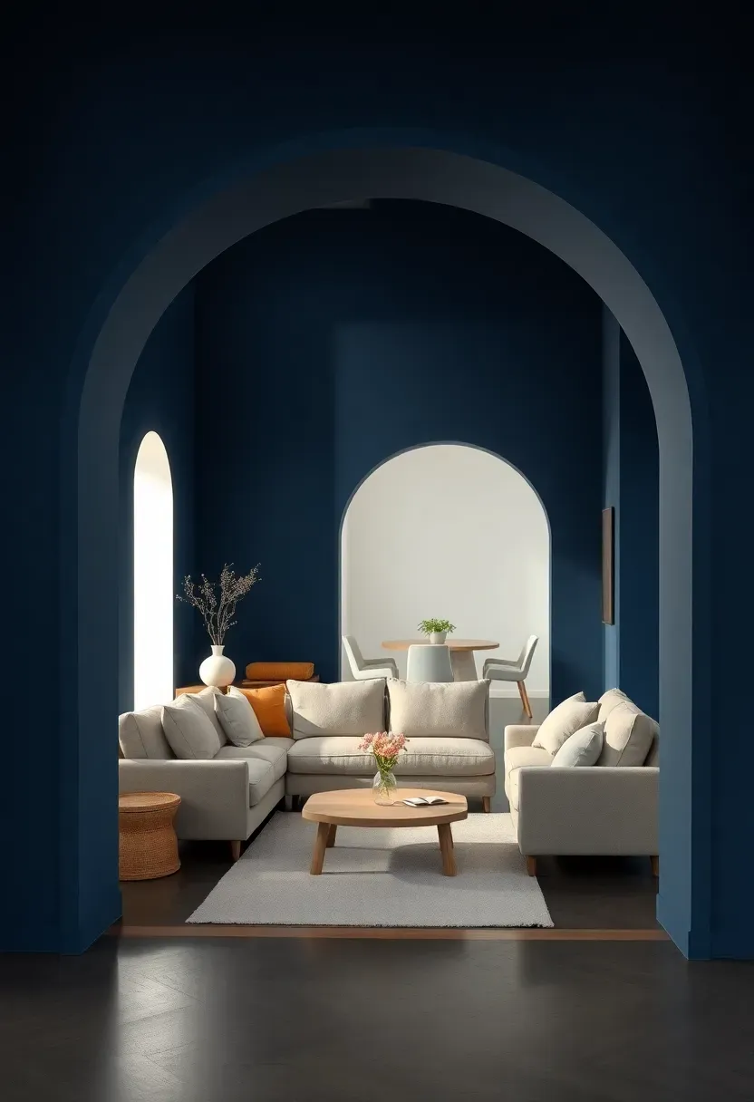 Hyper-realistic wide shot through minimalist living room with navy blue walls featuring large rounded archway opening to bright white dining space beyond. Navy living room has beige sofa light oak coffee table white dining space visible through arch. Materials: matte navy blue paint white dining space beyond beige linen sofa light oak wood. Light from white dining space spilling through arch into navy living room creating depth and brightness contrast architectural sophisticated atmosphere. Sharp details on arch curves and color transition clean composition no clutter no text no watermarks.</p>