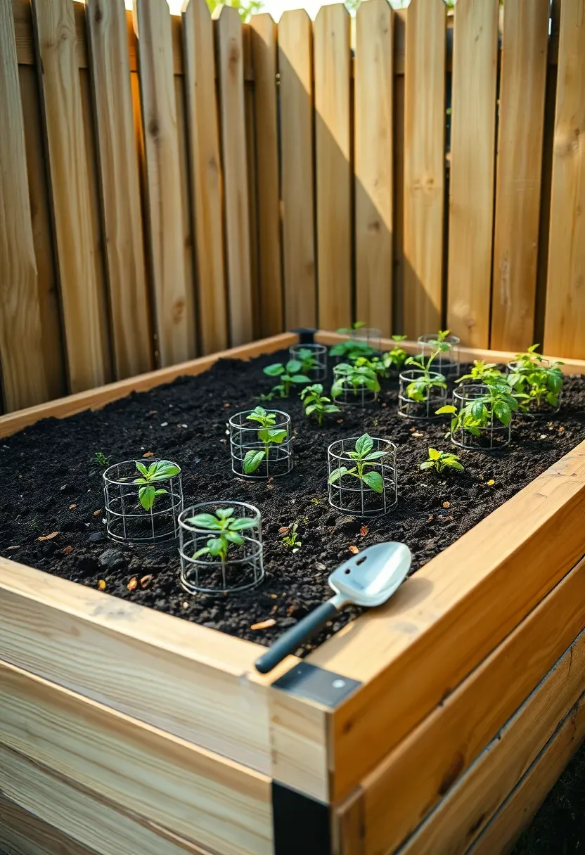 A raised garden bed built from cedar fence boards in a backyard corner, filled with dark soil and young vegetable seedlings including tomatoes, peppers, and lettuce
