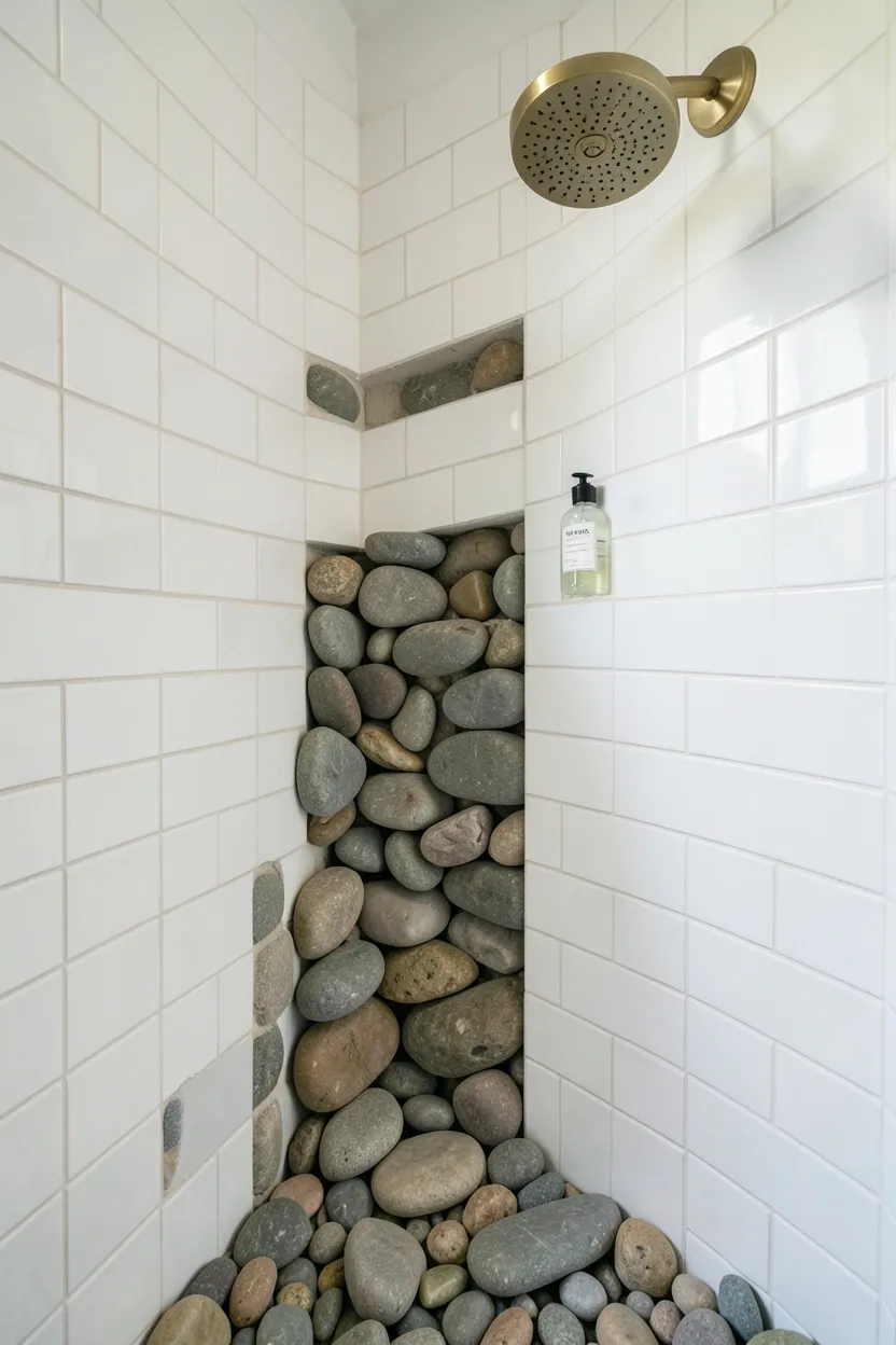 Hyper-realistic eye-level photograph of a rustic bathroom shower area featuring smooth river rocks in shower niche, glass bottle of shampoo visible, white subway tile walls, brass shower head. Natural light. Materials: smooth river rocks in gray and brown tones, glass, brass fixtures, white ceramic tiles. Natural river rock accents. Rounded stone texture. No text, no logos, no watermarks.</p>