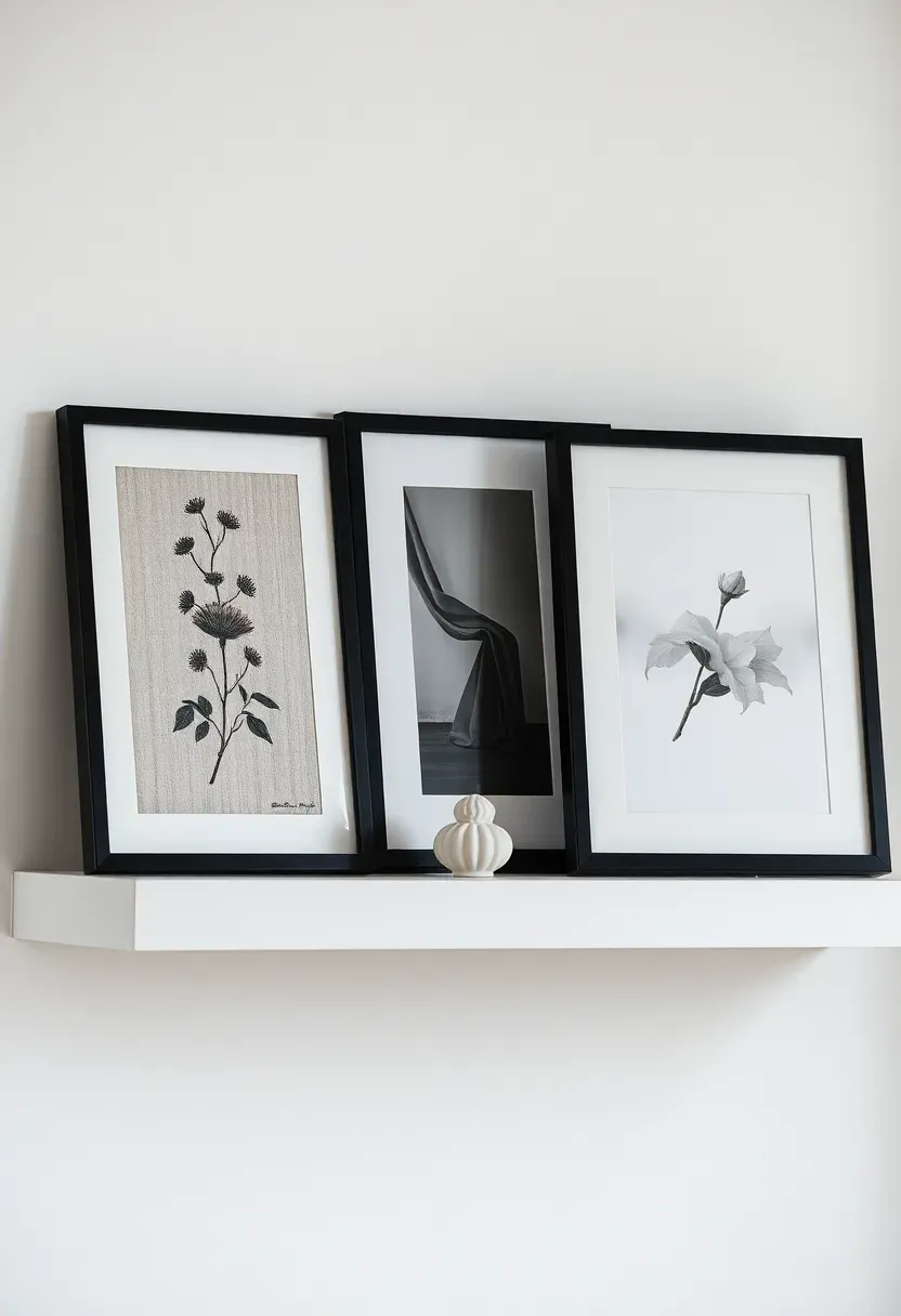 Slim white picture ledge with leaning botanical print, black-and-white photo, and abstract watercolor in apartment entryway