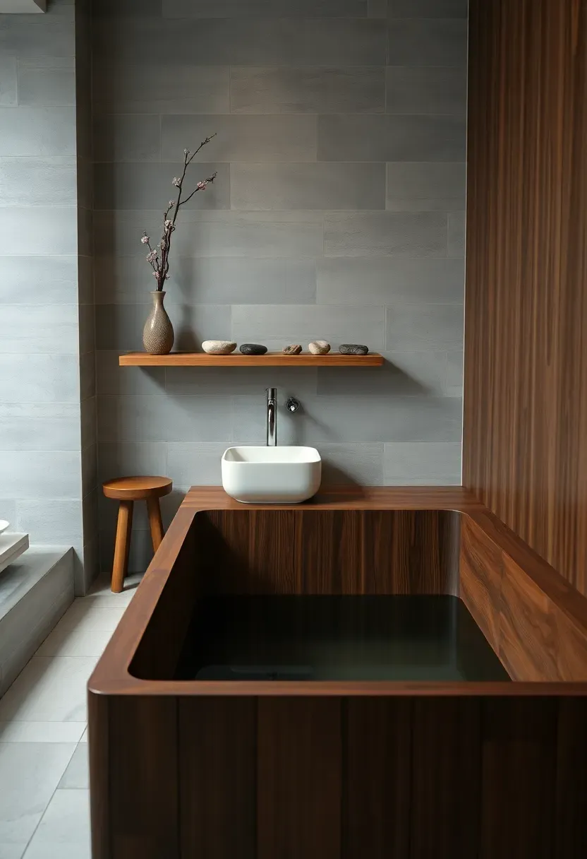 Japanese onsen-style bathroom with deep soaking tub, natural wood, and minimalist zen aesthetic