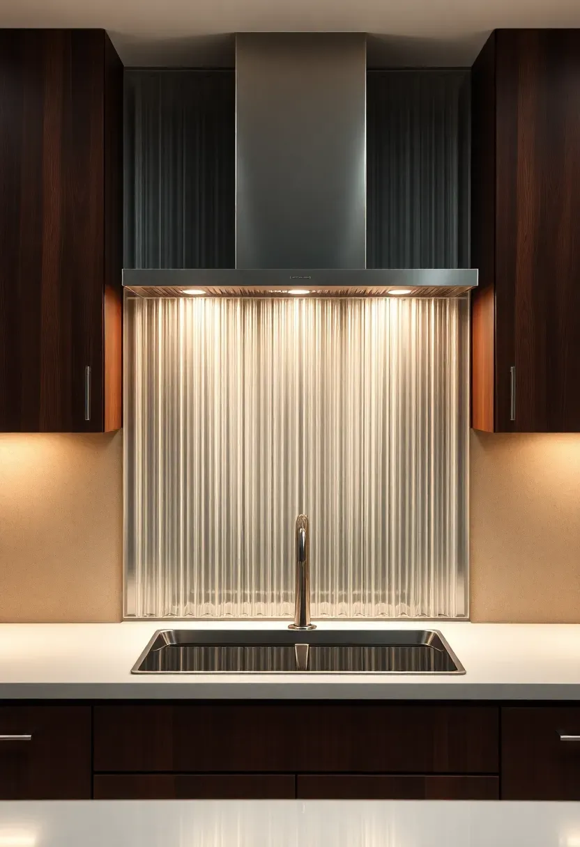 fluted glass panel backsplash catching light in a kitchen with dark espresso wood cabinets and white solid surface countertops
