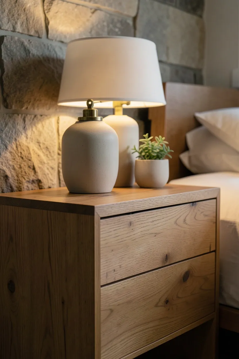 Weathered bamboo folding screen casting warm shadow patterns in a serene wabi sabi bedroom corner