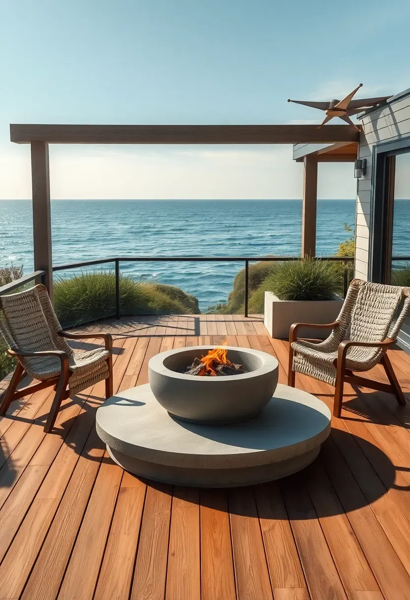 Coastal backyard fire pit terrace with concrete fire bowl on ipe deck, rope-woven lounge chairs, and ocean water visible beyond glass panel railing