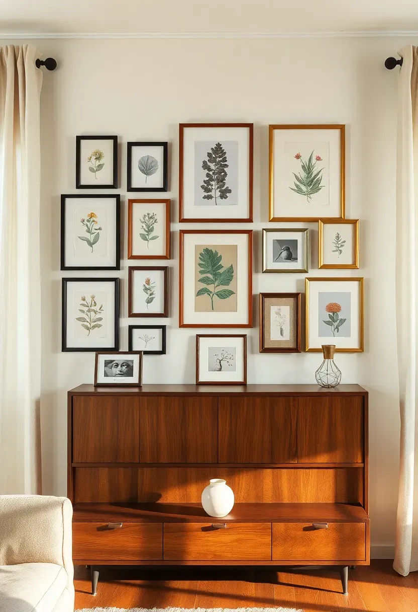 eclectic salon-style gallery wall with mixed frame sizes vintage art and personal photographs