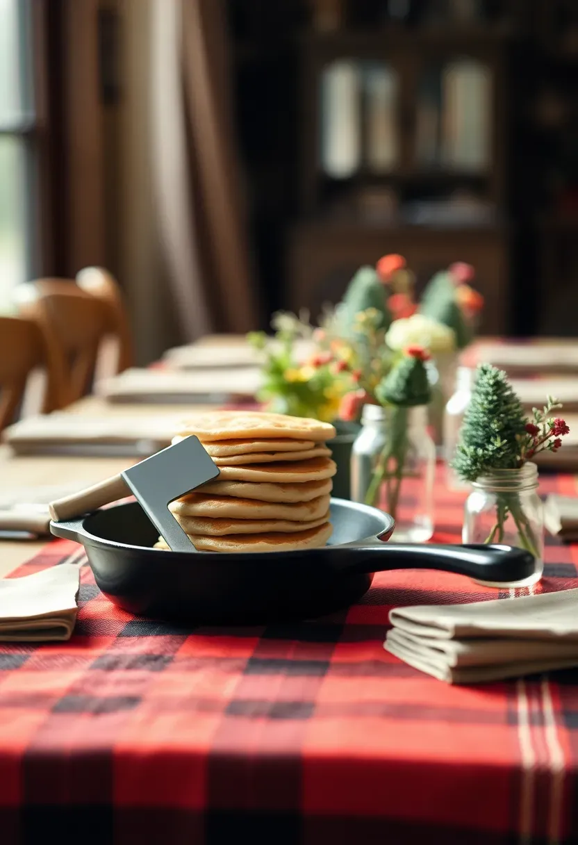 little lumberjack plaid brunch baby shower table with red buffalo plaid runner, cast iron pancakes, and mason jar wildflowers