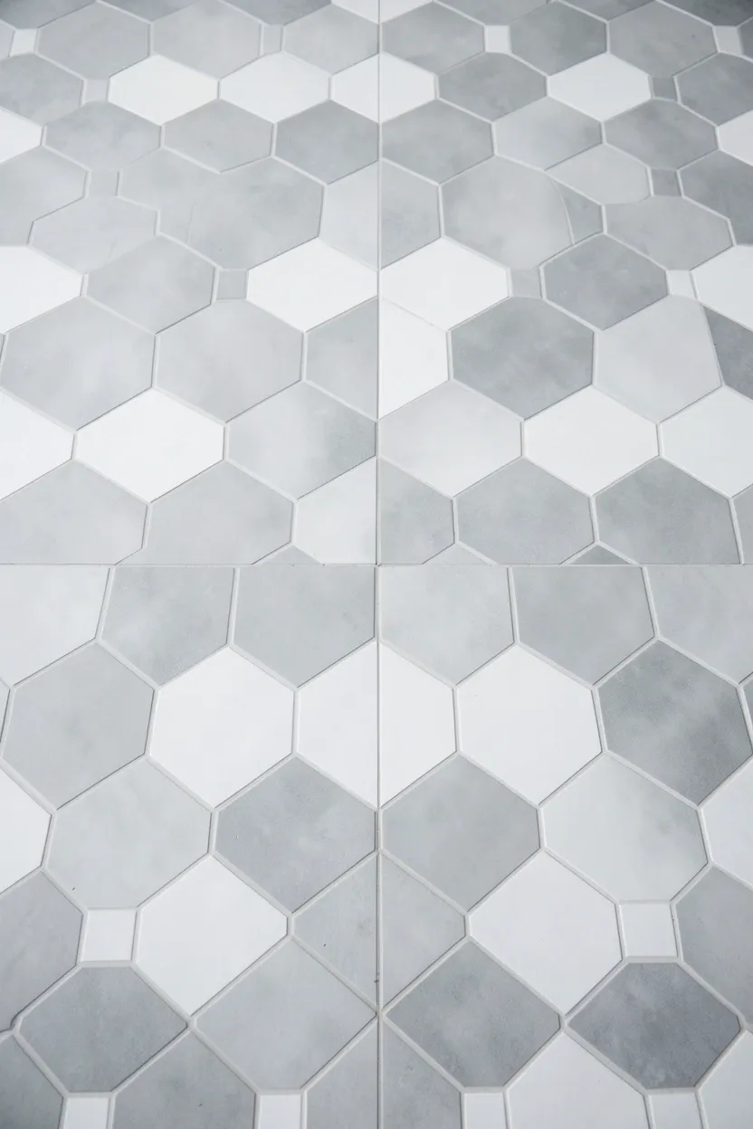 Gray and white geometric tile floor with hexagonal pattern in a bright modern kitchen adding visual interest underfoot