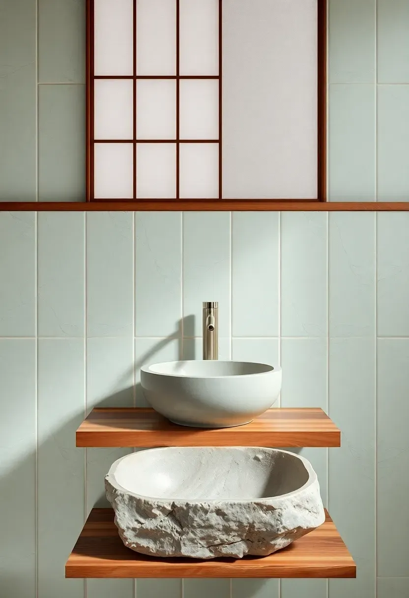 Japanese-inspired bathroom with crackle glaze ceramic backsplash tiles in pale celadon with visible crazing pattern behind a simple wooden shelf and stone basin