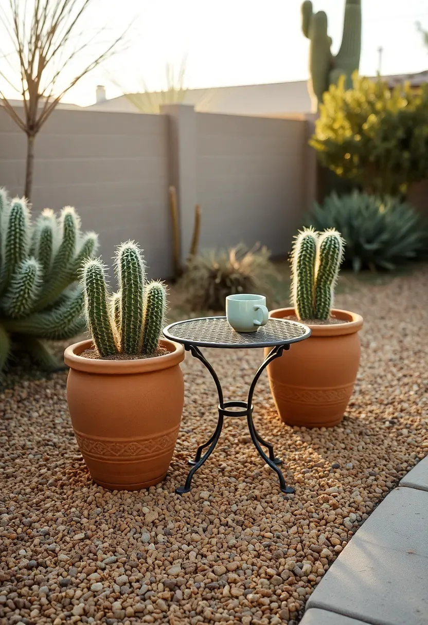 Warm amber decomposed granite patio in an Arizona backyard with terracotta pots, a small bistro table, and desert shrubs along the perimeter