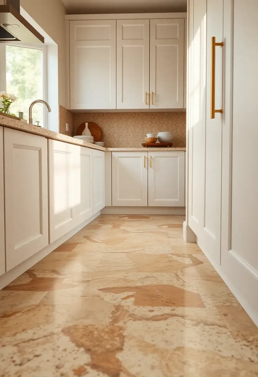 Small kitchen with terrazzo floor tiles in warm neutral tones with large aggregate chips, paired with white cabinets and a terrazzo countertop edge detail