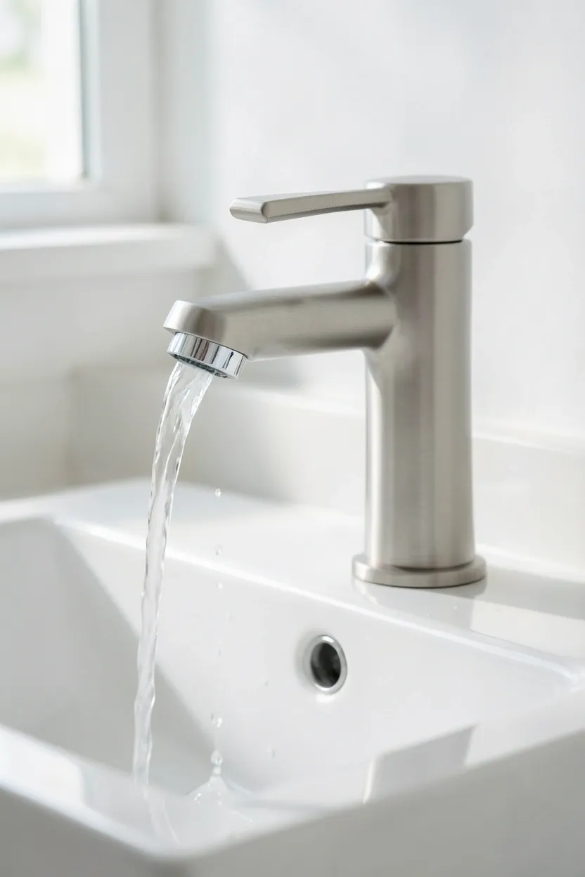 Brushed nickel single-handle bathroom faucet replacing an old chrome fixture on a white vanity sink — budget-friendly renter upgrade