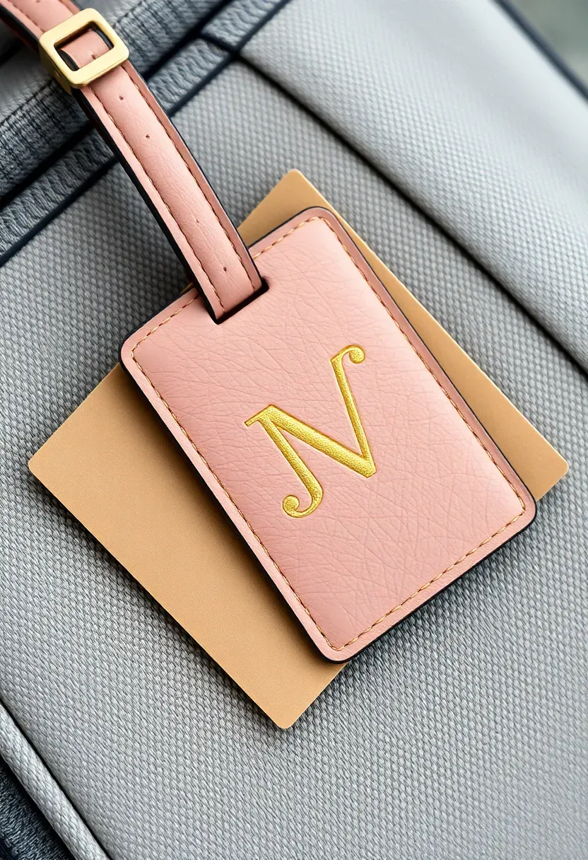 personalized leather luggage tag with gold debossed initials on a light gray travel bag