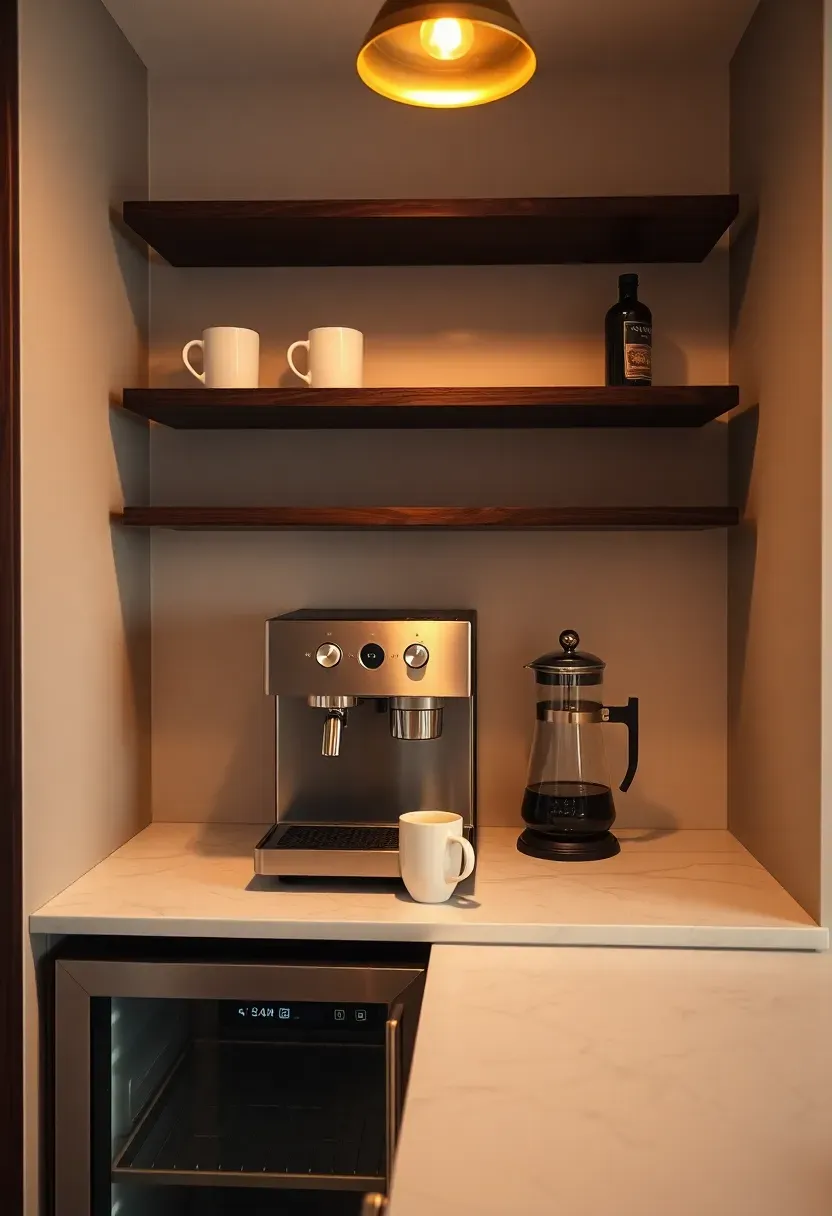Basement beverage kitchenette with a built-in coffee machine, wine fridge, open shelving for mugs, and a small marble countertop