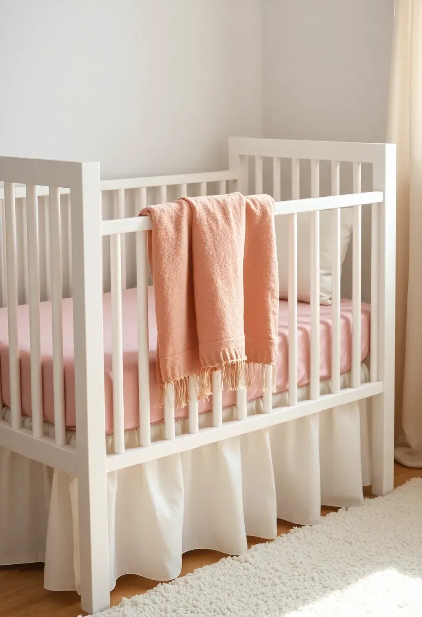classic blush pink and white baby girl nursery with white crib and soft textiles