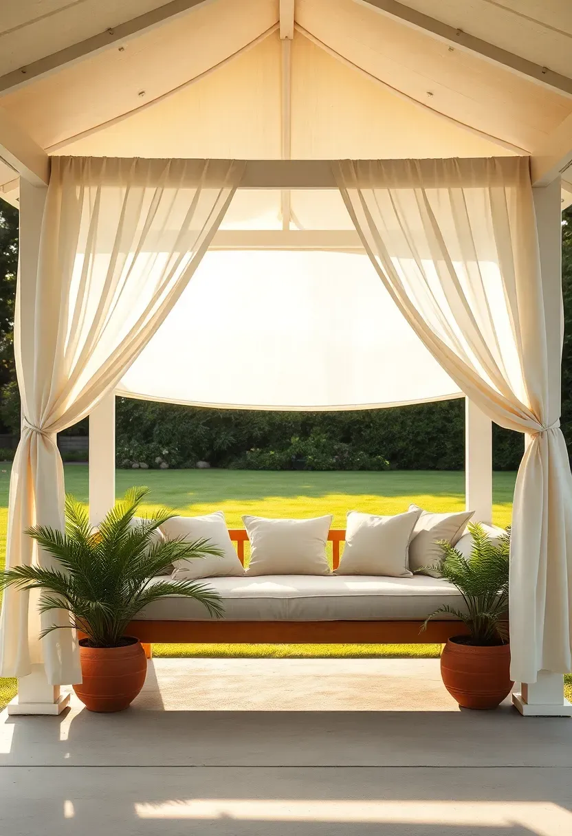 Outdoor daybed under a fabric canopy pavilion with sheer curtains and tropical plants creating a private backyard oasis retreat