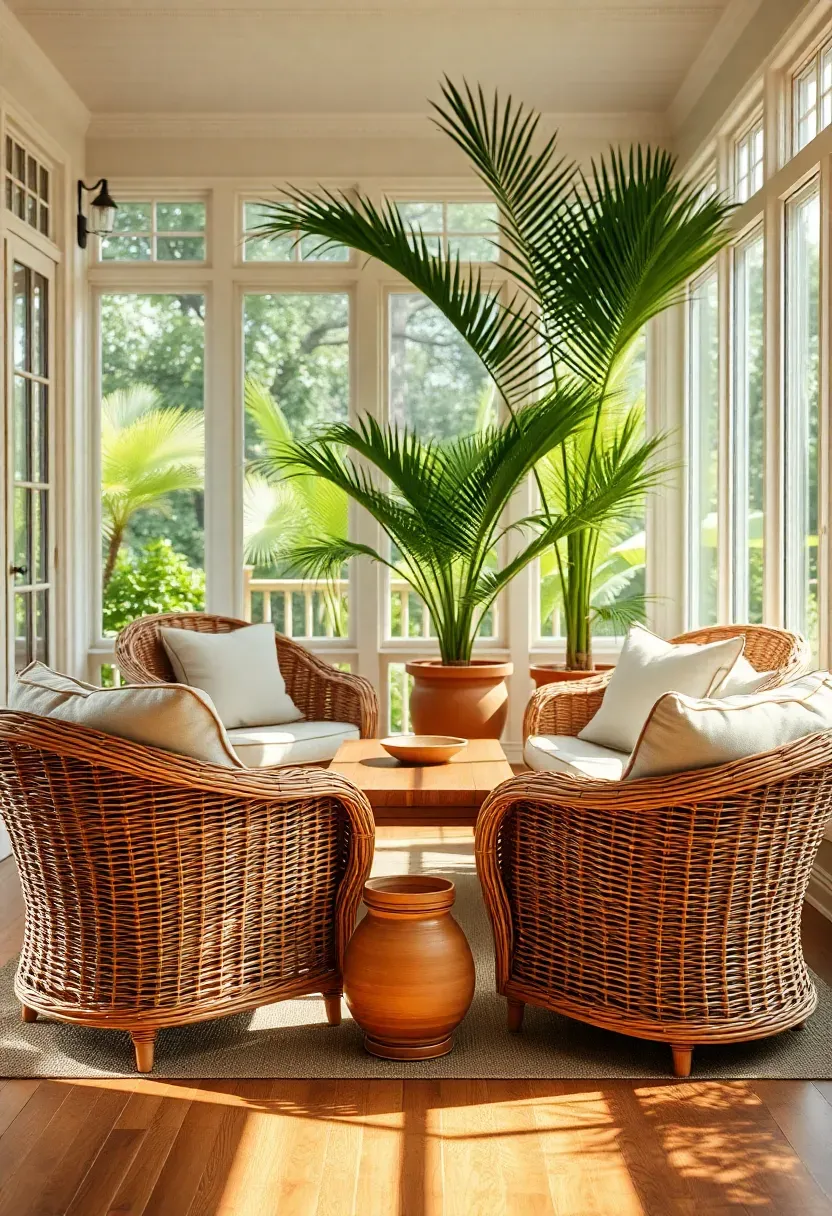 Four-piece wicker conversation set with thick natural linen cushions arranged around a low teak table in a sunlit enclosed porch with potted palms