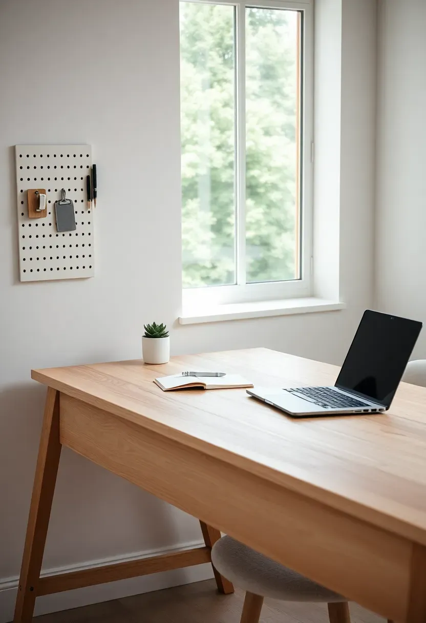 Hyper-realistic 3/4 view of a simplified home office showing clean wooden desk with laptop, notebook, pen, and small succulent. White wall with pegboard holding few essential supplies. Comfortable chair, window with view of greenery. Natural light streaming in. Minimal visual distraction, clear desk surface. Materials: light oak desk, white walls, green plant, black laptop. Peaceful focused atmosphere. Dwell magazine workspace photography style. No text, no logos, no watermarks.</p>