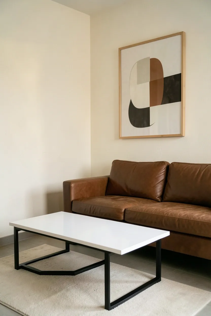 Light oak coffee table with clean geometric lines in front of a brown couch in a minimalist rental living room