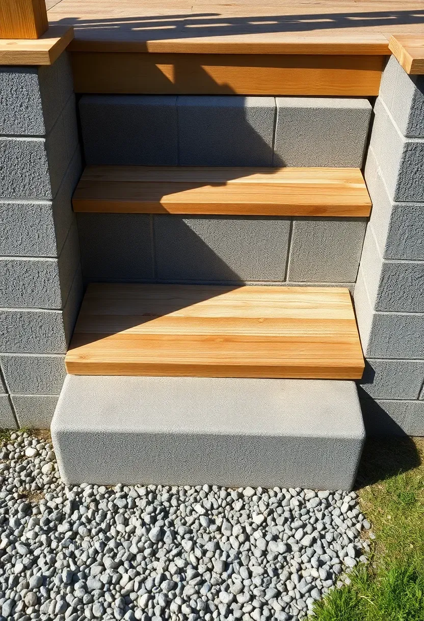 Simple deck stairs built with stacked cinder blocks as stringers and pressure-treated lumber treads, leading from a low backyard deck to a gravel path