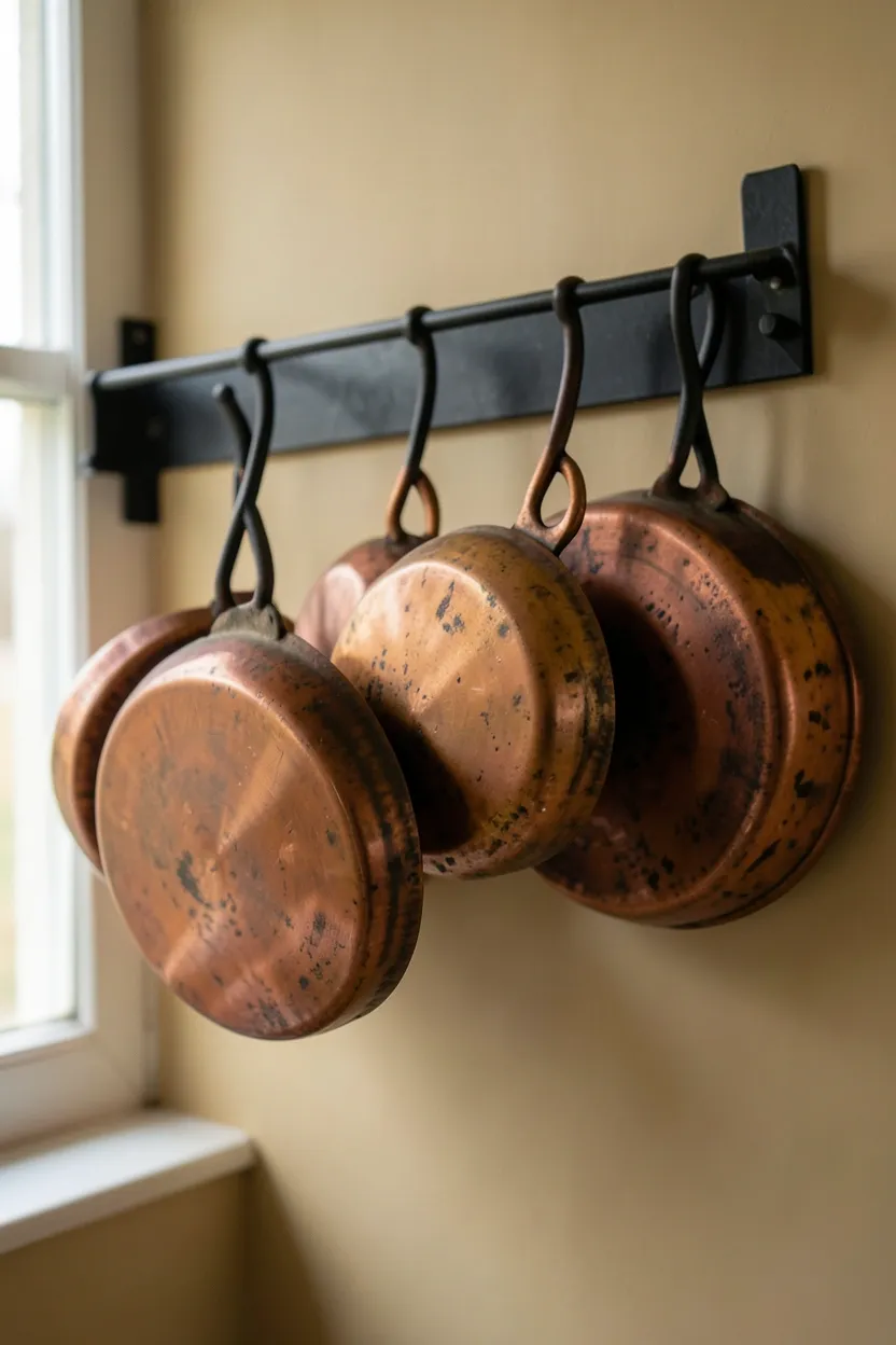 Copper pots displayed on wall rack