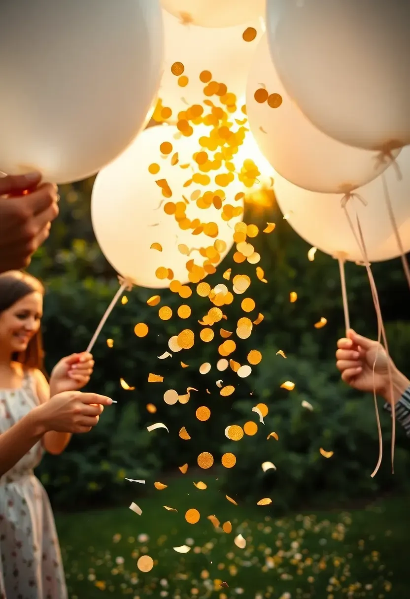 Confetti balloon send-off at a backyard engagement party with guests popping large white balloons filled with gold confetti as the couple walks through the crowd