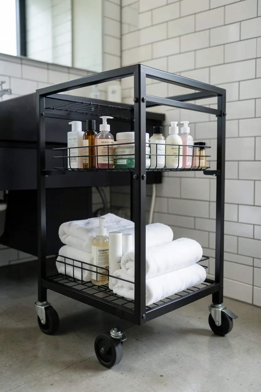 Hyper-realistic eye-level photograph of industrial rolling cart with wire shelves in modern bathroom. Matte black metal frame with industrial casters, two wire shelves holding neatly arranged toiletries and white towels, subway tile wall, concrete floor, matte black vanity in background. Materials: matte black powder-coated metal frame, black industrial rubber casters, black wire mesh shelves, white cotton towels, toiletry items, white ceramic tiles, polished concrete floor. Natural ambient light, mobile industrial atmosphere. Shallow depth of field, sharp details on cart construction and caster details, balanced composition showing cart and bathroom. No text, no logos, no watermarks.</p>