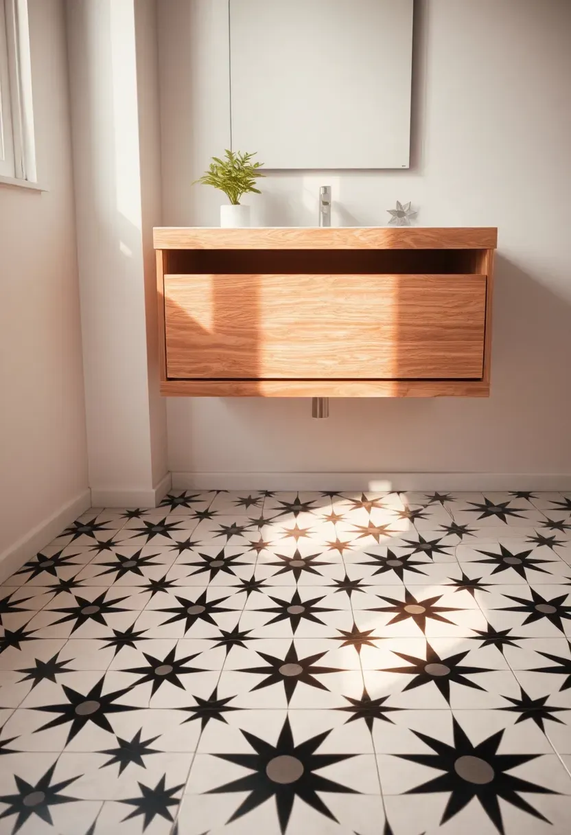 Bathroom floor with bold geometric patterned cement tiles in black and white, wooden vanity above, and white walls