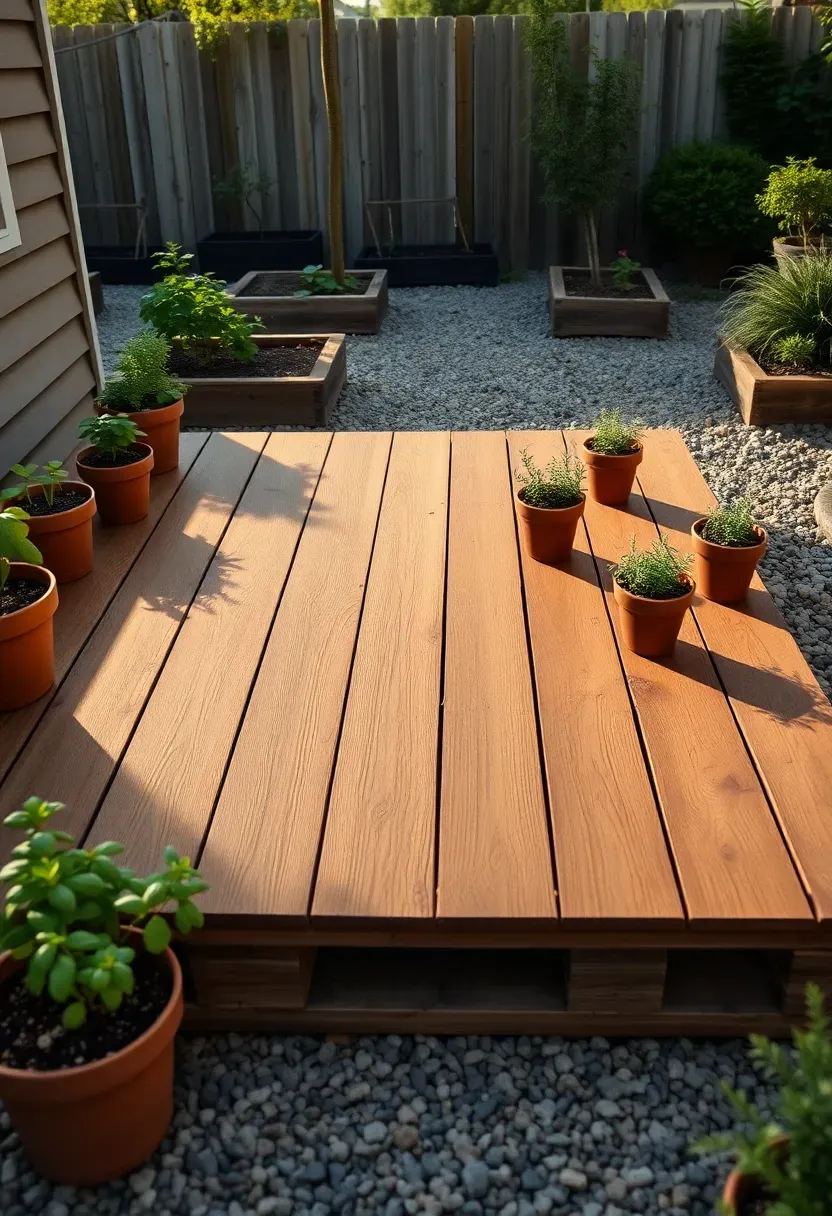 A pallet wood deck platform in a small backyard garden with sanded and stained pallet boards, potted herbs along the edges