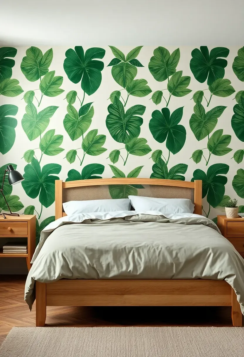 Removable botanical-print wallpaper accent wall behind a teen bed — renter-safe peel-and-stick design in a small bedroom