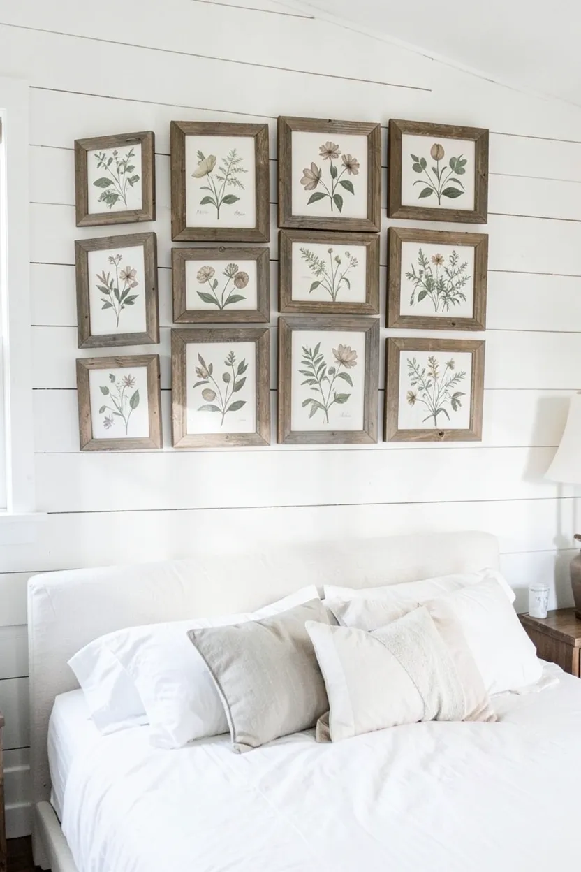 Gallery wall of vintage botanical prints in weathered wood frames above a farmhouse dresser in a neutral bedroom