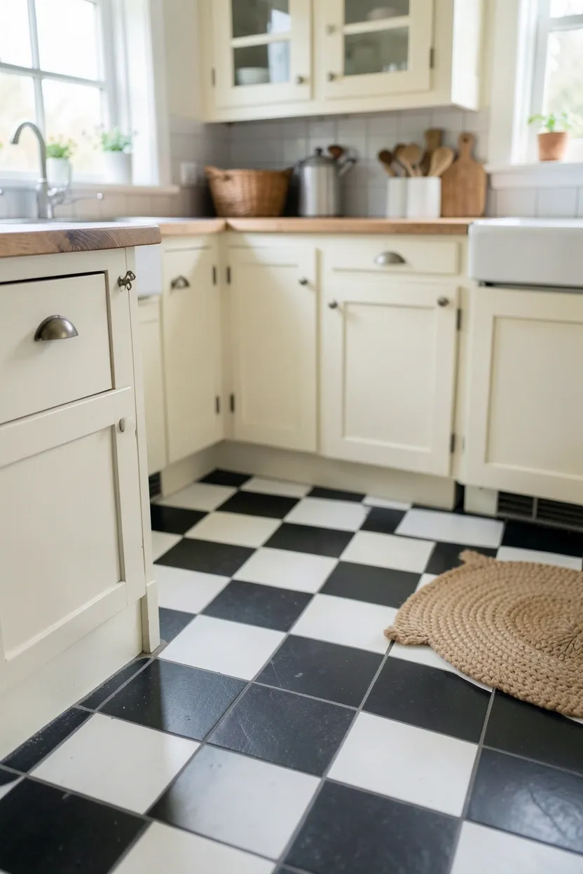 Classic black and white checkerboard tile floor in a small cottage kitchen — vintage charm with timeless appeal