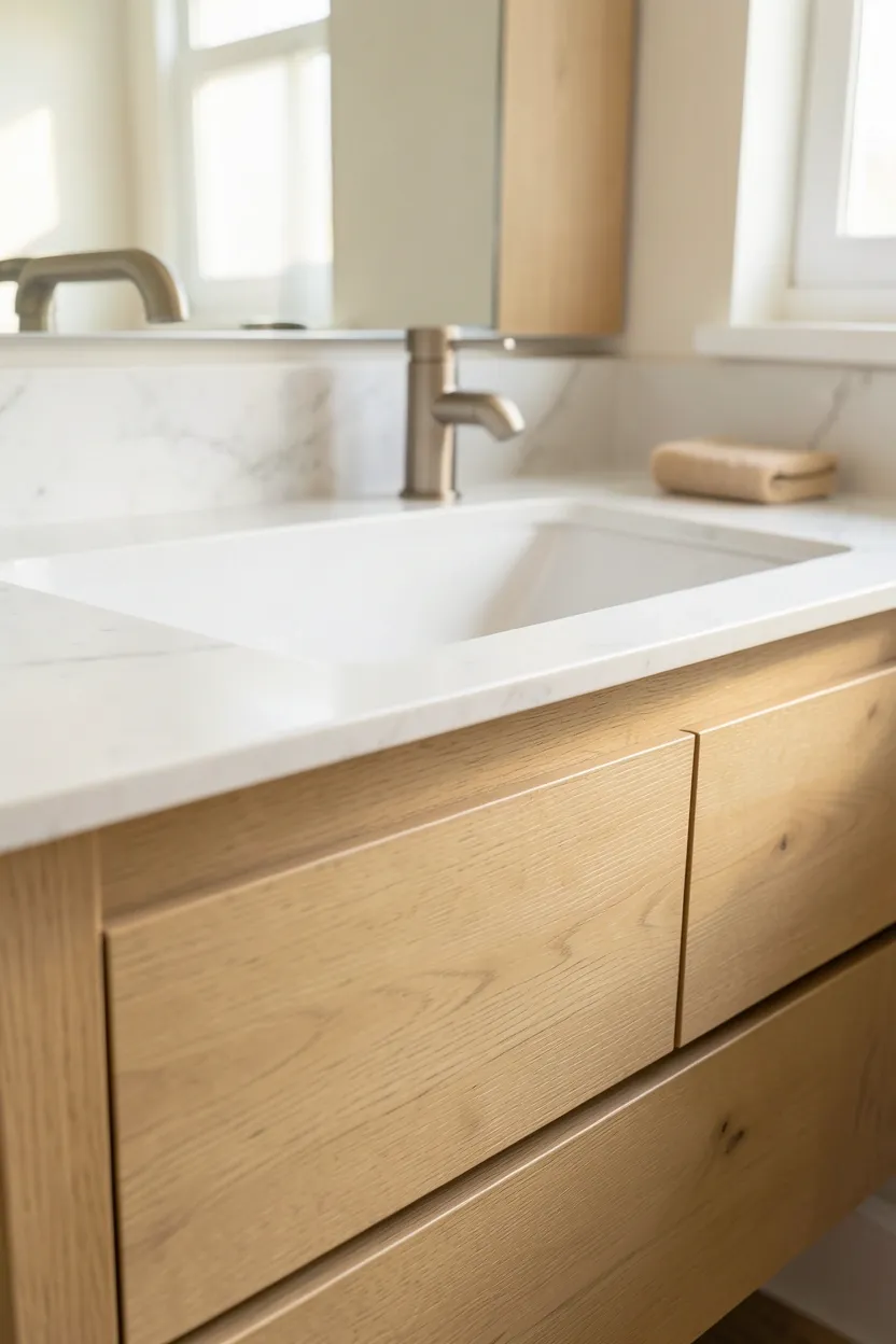 Light oak vanity with white undermount sink in a modern apartment bathroom, bringing warmth and natural texture to a neutral palette