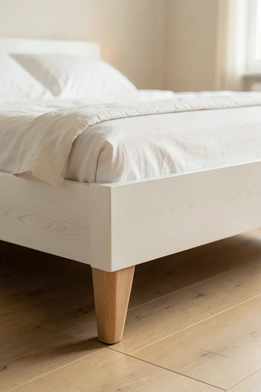 Scandinavian white bed with light oak wooden frame and tapered legs in a Japandi bedroom
