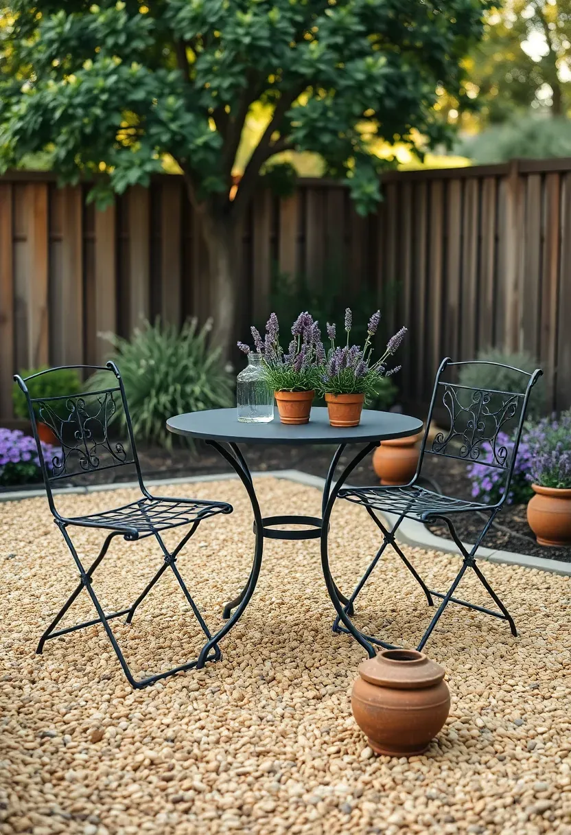 A cozy backyard pea gravel patio area with metal bistro furniture and potted lavender plants