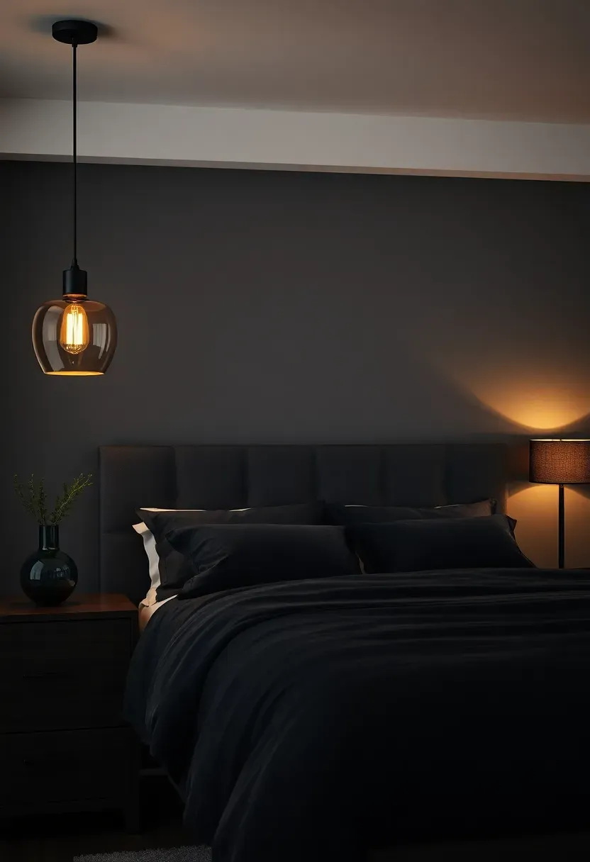 sleek adult bedroom with smoked glass pendant lights matte black drawer pulls on a dark dresser and charcoal bedding on a low bed