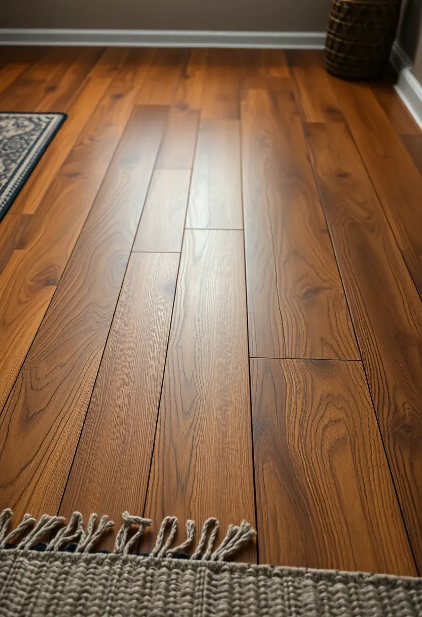 Basement floor with a faux wood grain paint technique showing realistic plank lines and wood tone variations in warm oak