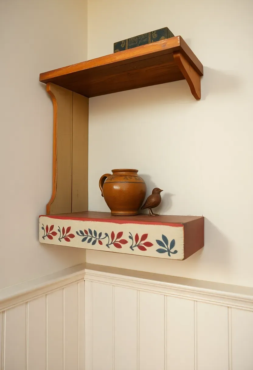 Folk art shelf with hand-stenciled botanical border in faded red and blue, holding a collection of early American pottery and carved wooden objects