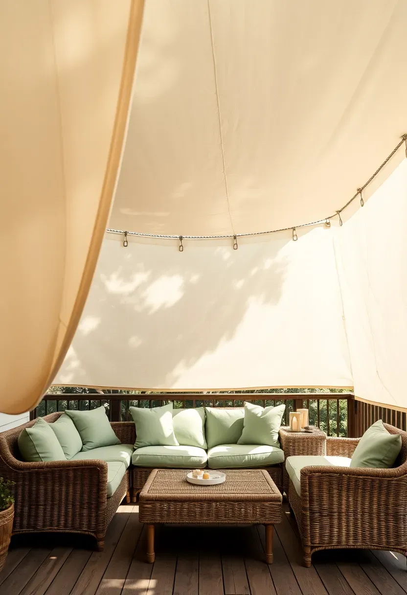 Draped fabric canopy overhead on a back porch creating dappled shade over outdoor lounge furniture