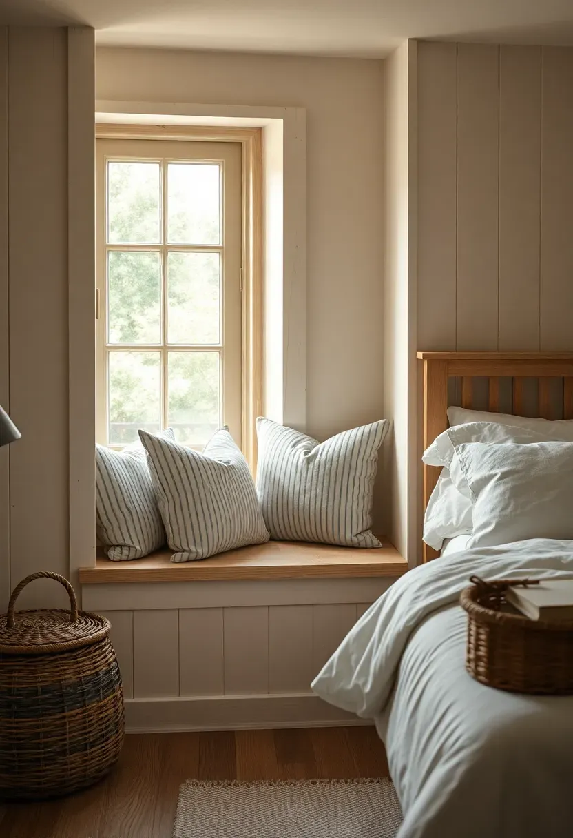 Built-in window seat with ticking-stripe cushions