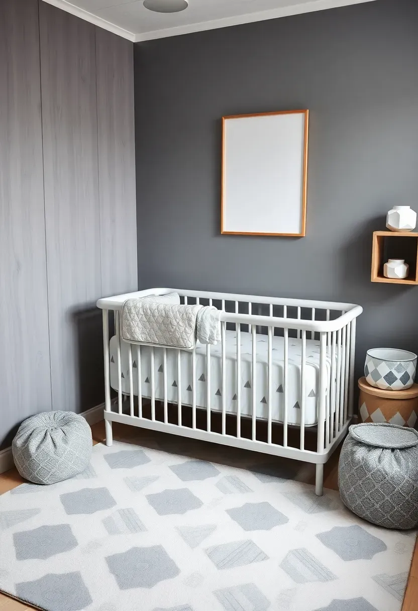 Gender-neutral gray nursery corner in parent bedroom with geometric patterned rug, light gray mini crib, and modern angular wall art