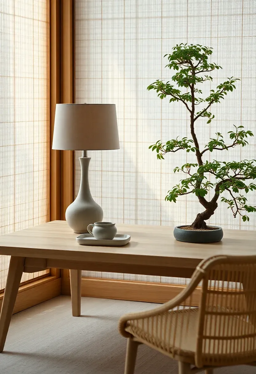 Japandi home office with pale ash desk, washi ceramic lamp, handmade pen tray and bonsai in morning light