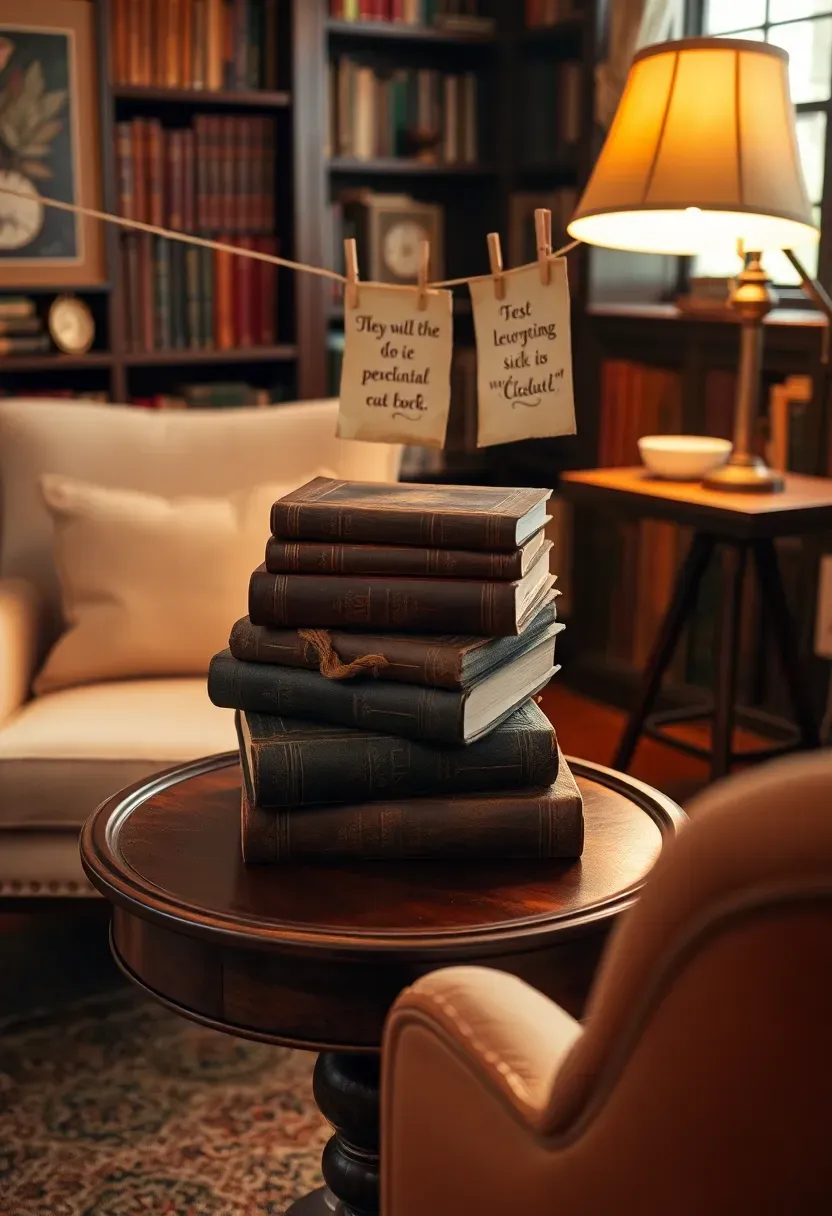 vintage library baby shower theme with stacked old books as centerpieces reading nook seating area literary quote banners and warm ambient lamp lighting