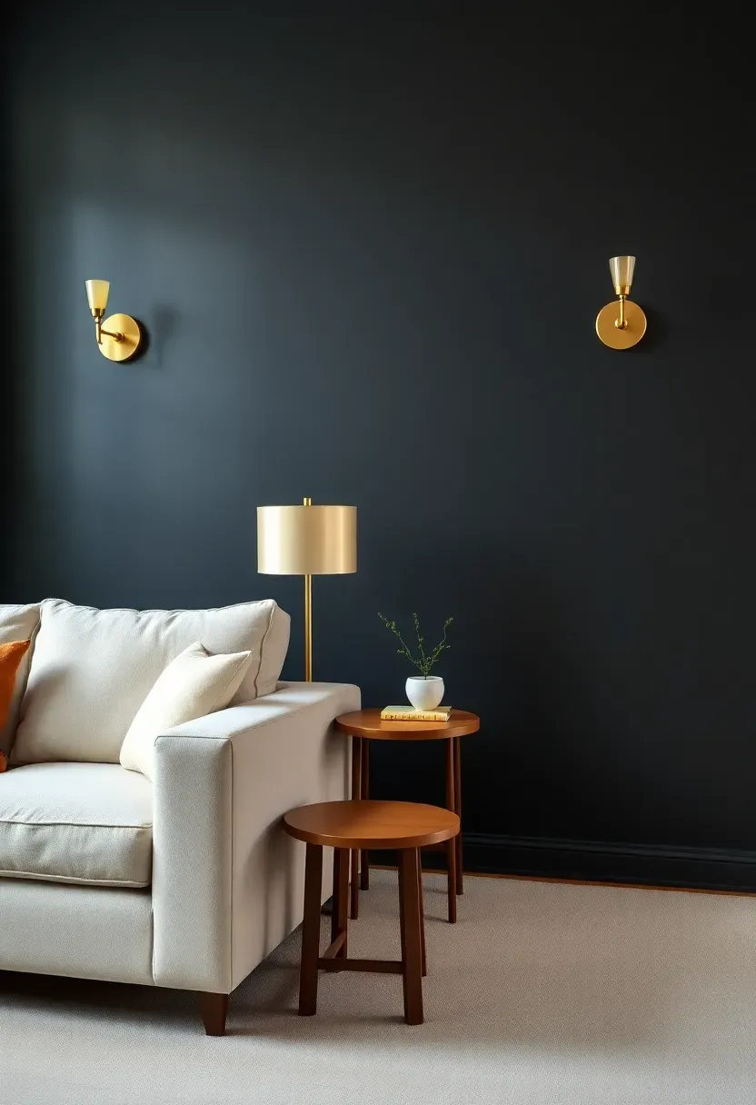 Living room with a deep charcoal accent wall behind a cream sofa, warm wood side table, and brass wall sconces