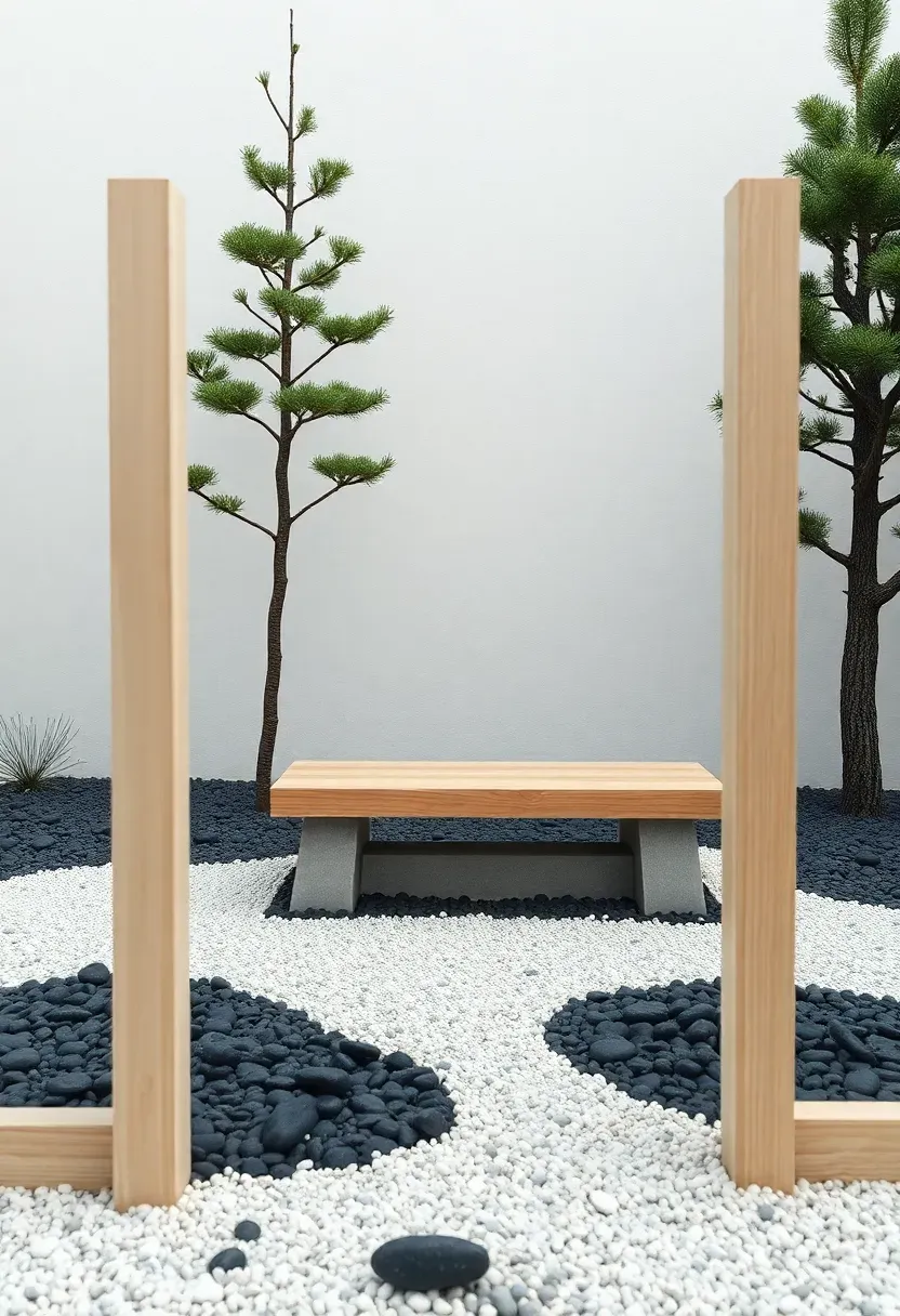 Fusion zen garden blending Japanese rock garden aesthetics with Scandinavian minimalism, featuring pale birch wood borders, black pebbles, white gravel, and a simple geometric concrete bench