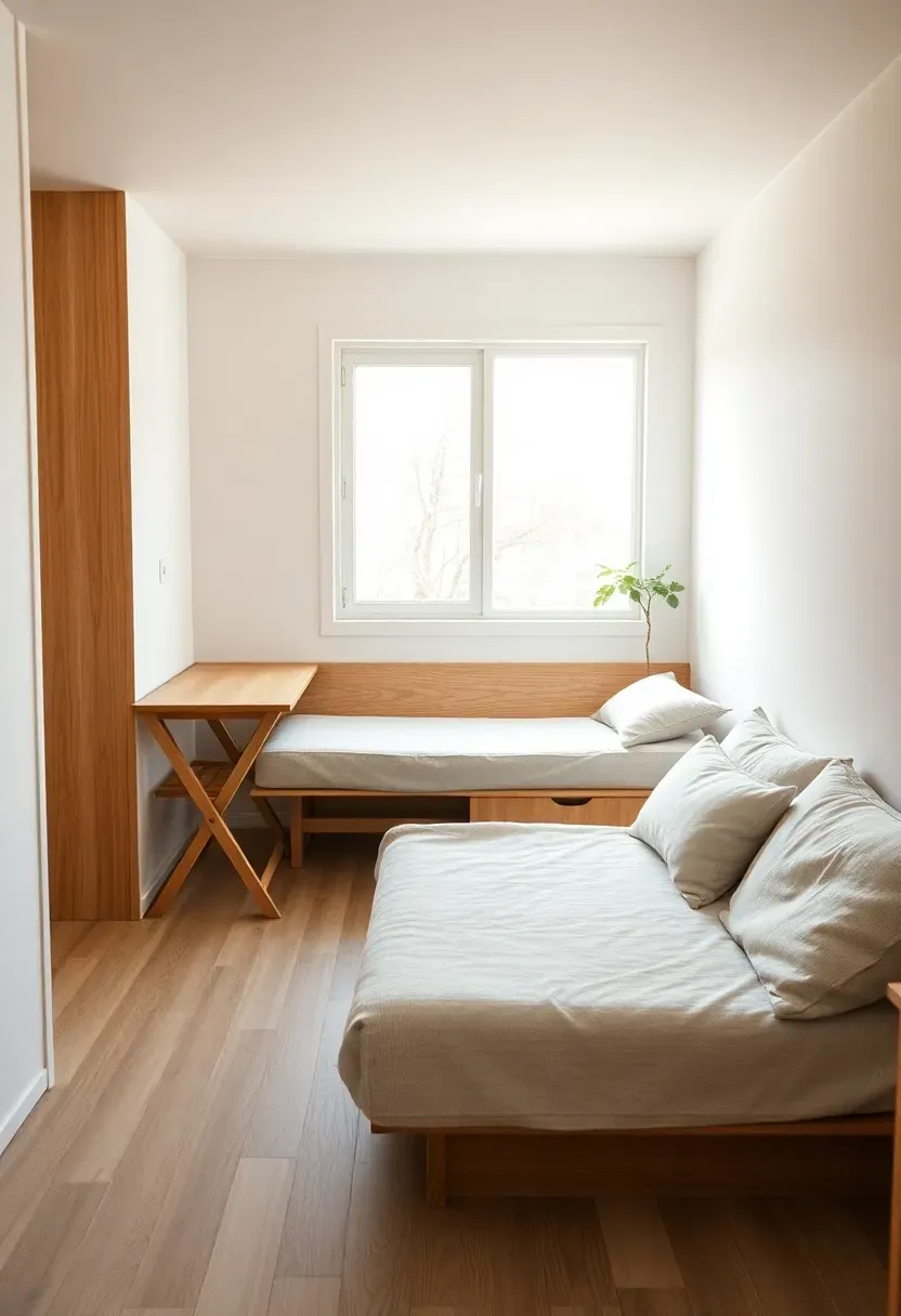 Hyper-realistic 3/4 view of a tiny house with convertible spaces—sofa becoming bed, table folding to wall, room shifting functions. Materials: white oak floor, linen sofa bed, folding oak table, matte white walls. Warm diffused window light, creamy neutrals with adaptable layout. Mood: flexible, efficient, clever. Shallow depth of field, sharp details, balanced composition, soft shadows, visible room context. No text, no logos, no watermarks.</p>