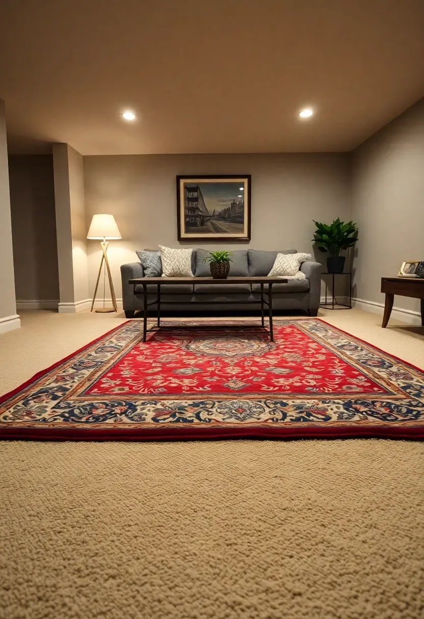 finished basement with neutral wall-to-wall carpet layered with a vintage Persian rug in warm reds and blues