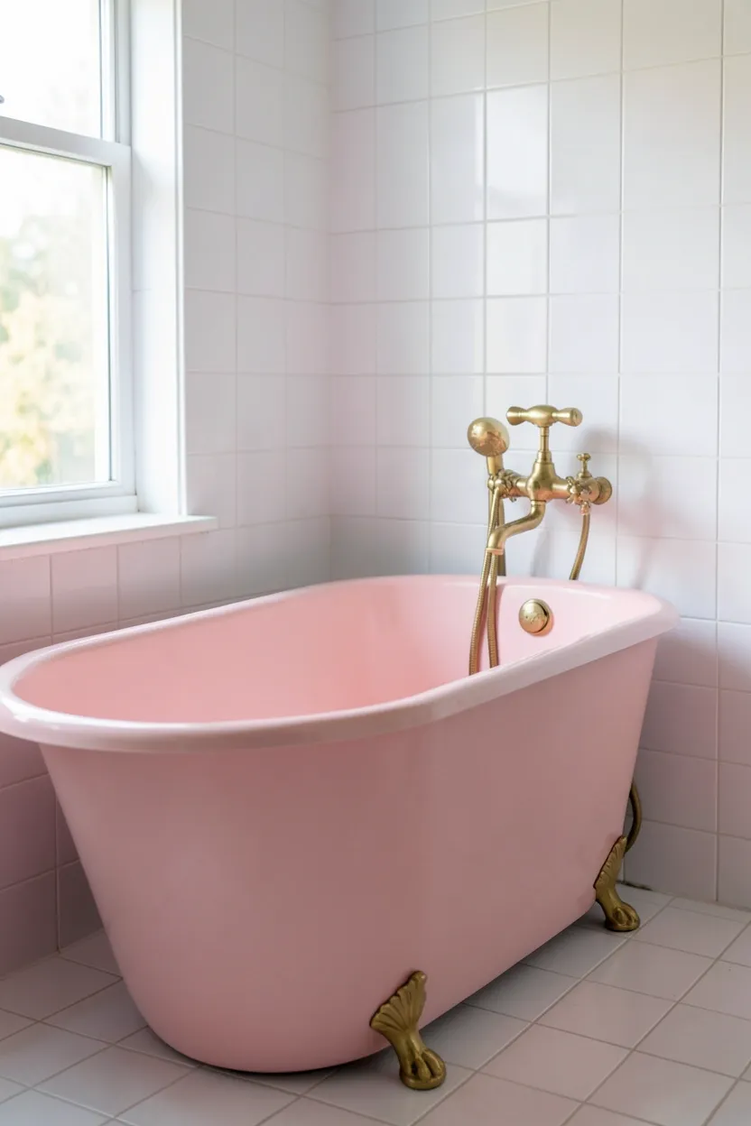 Peony pink freestanding bathtub as centerpiece in a neutral bathroom with brass fixtures, romantic pink bathroom statement piece